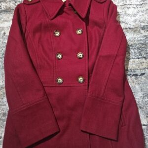 MICHAEL Michael Kors Double-Breasted Pea Coat in Deep Red with Gold Buttons